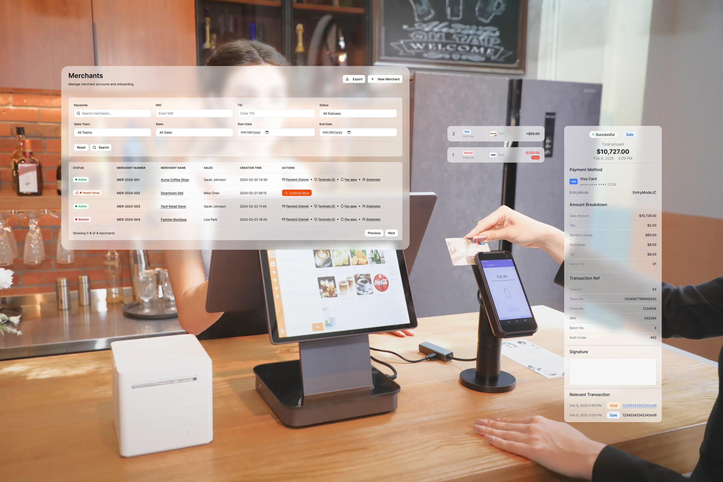 CodePay live on a café counter: the merchant management dashboard, a POS terminal, a customer tapping a card to pay, and the transaction receipt detail.