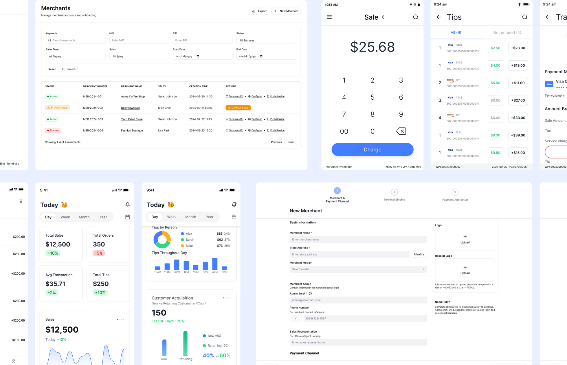CodePay product montage — merchant portal, register, dashboard