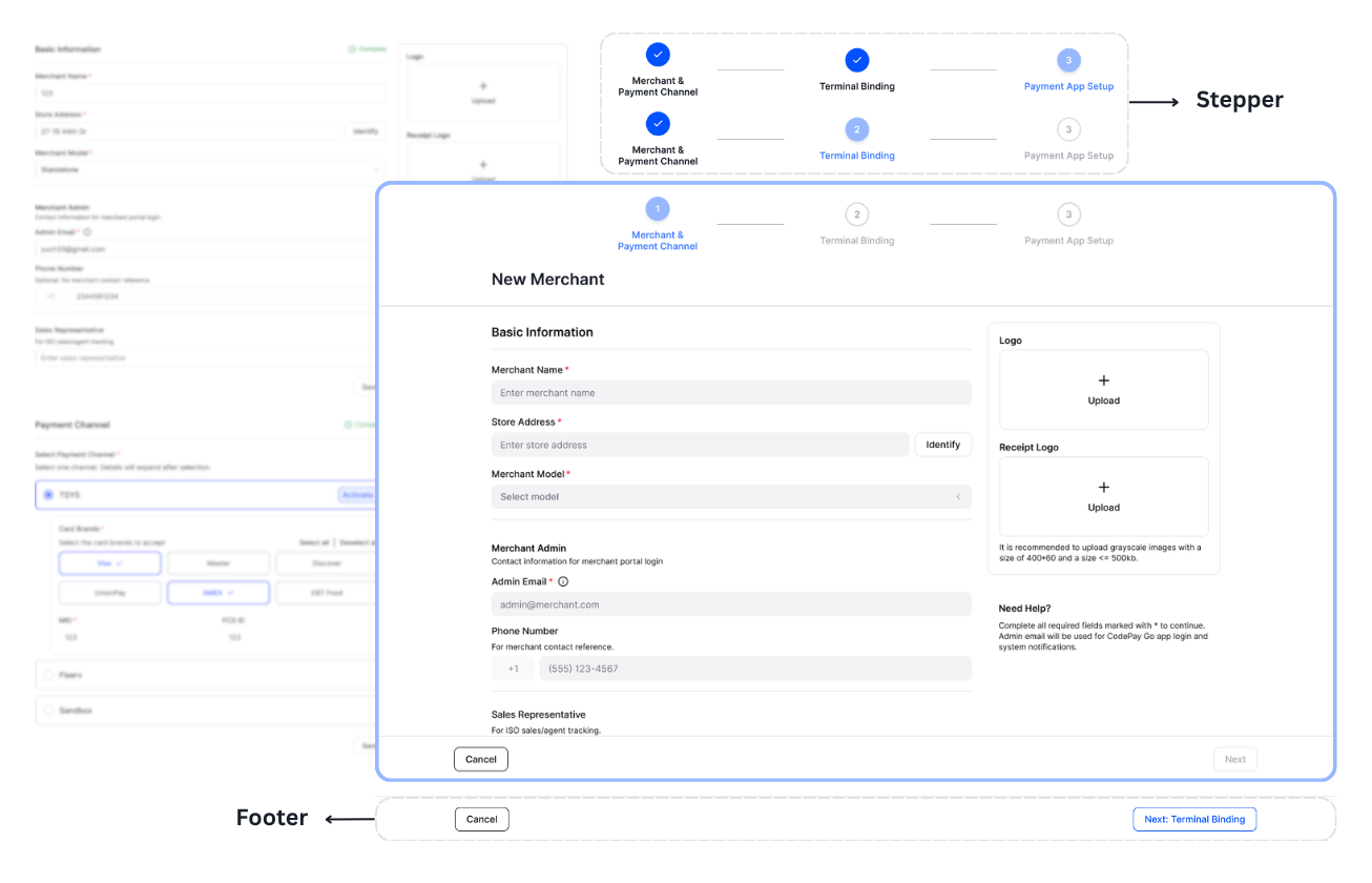 Stepper + footer annotated