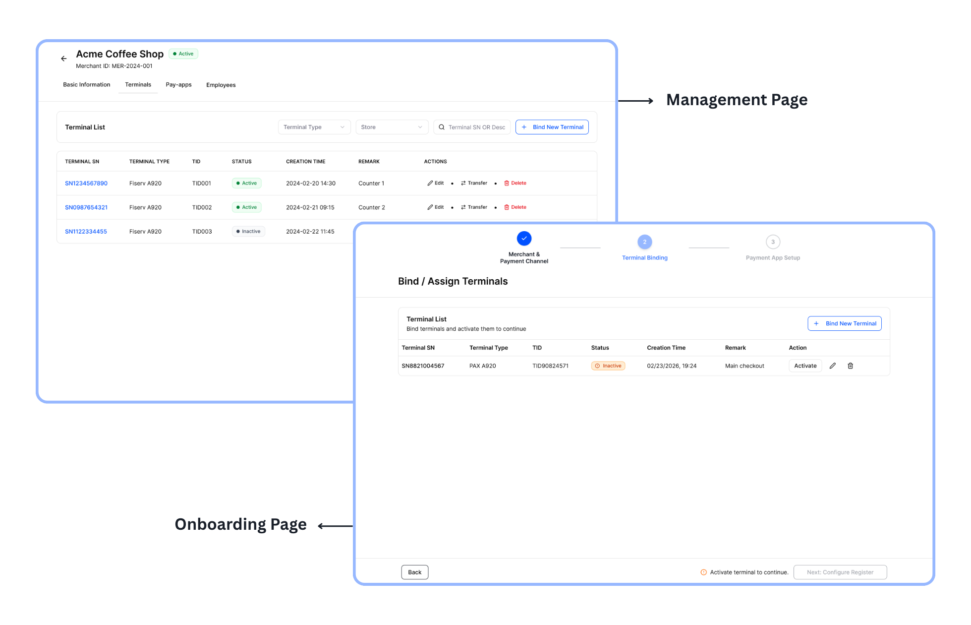 Management Page vs Onboarding Page comparison