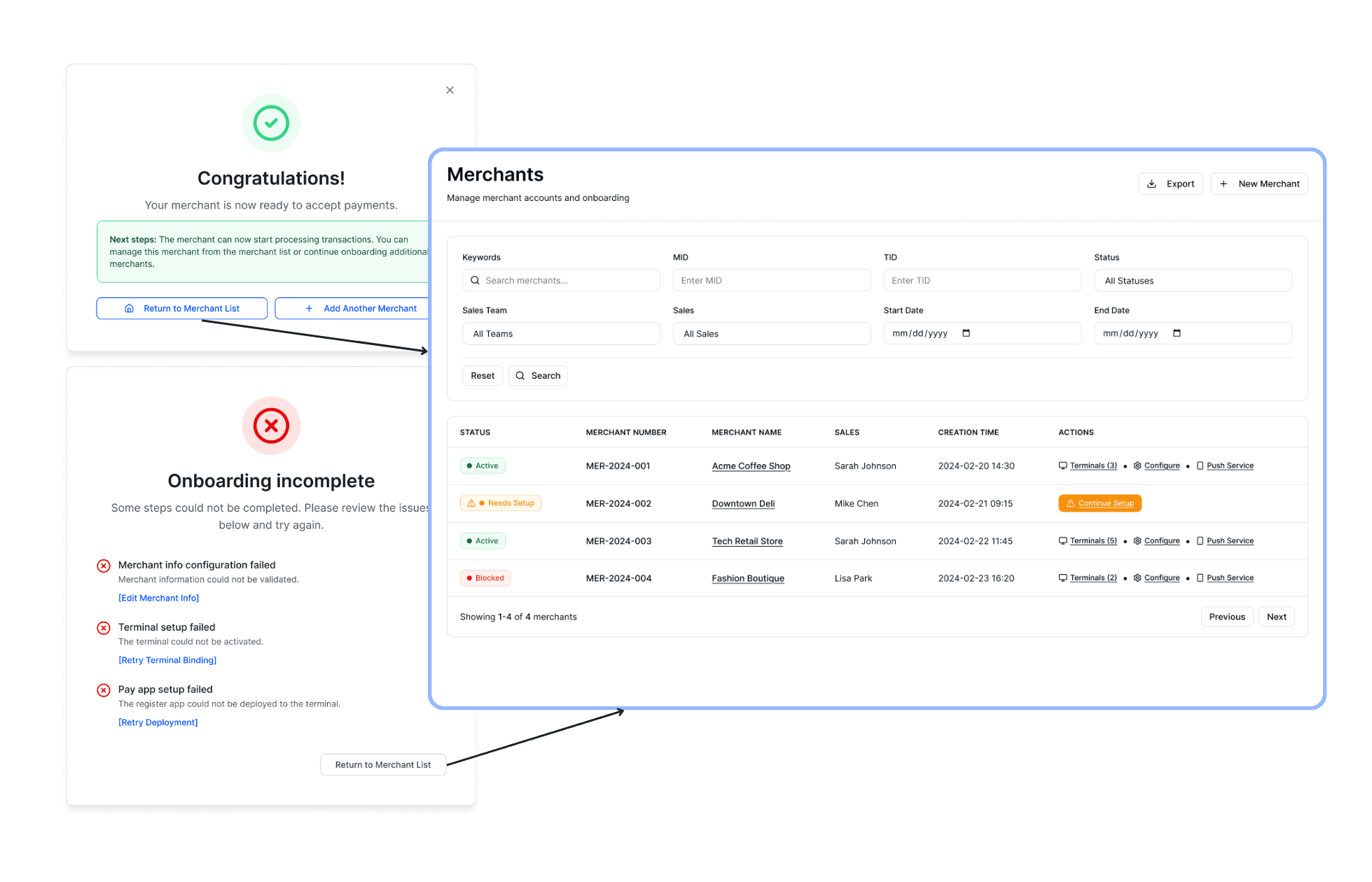 Prototype: onboarding success and incomplete states beside the merchant list with its status column