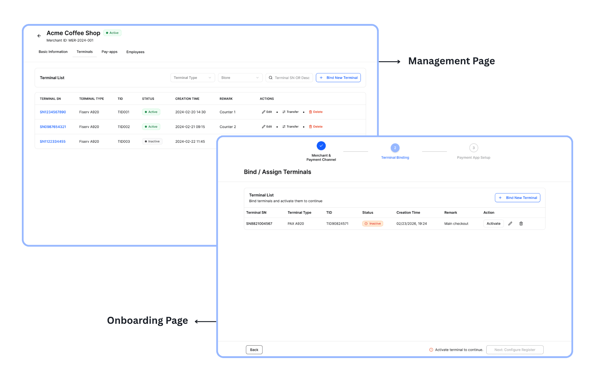 Prototype: the merchant management terminal list, separated from the lean onboarding terminal-binding step