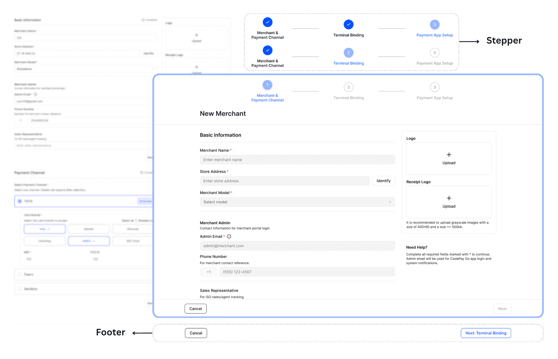 Prototype: the guided onboarding stepper with required fields marked on the new-merchant form