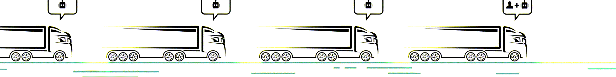 Line-art of four convoy trucks, three autonomous and one human-supervised