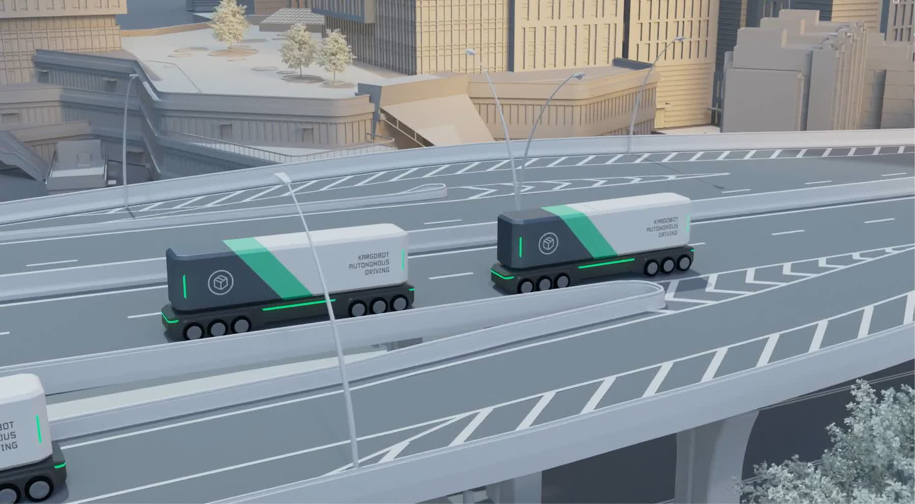 KargoBot autonomous trucks on an elevated highway interchange