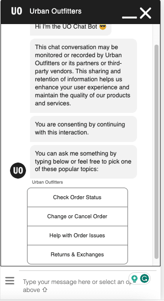 Urban Outfitters chatbot