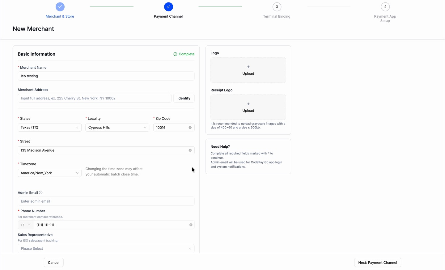 Screen recording of the shipped onboarding stepper, from the merchant list through every step to a live merchant